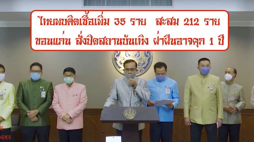 ไทยติดเชื้อเพิ่ม 35 ราย ขอนแก่นประกาศปิด สถานบันเทิง สถานศึกษา ฝ่าฝืนอาจมีโทษจำคุก 1 ปี